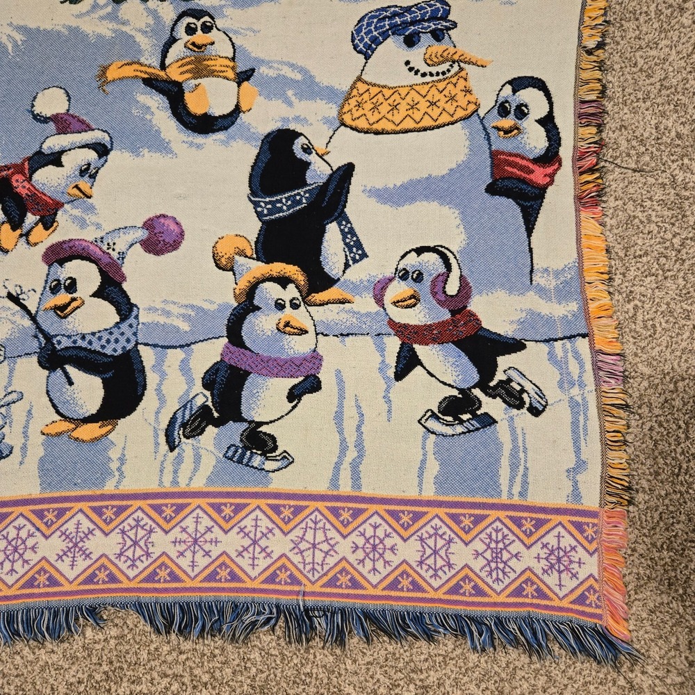Vintage Goodwin Weavers Blanket North Pole Penguins Fish Ice Throw Cotton USA - Picture 5 of 8